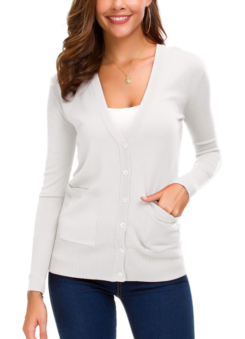 EXCHIC Women's Long Sleeve Open Front Cardigan Sweaters Lightweight Button Down Knit Sweater(White, Large) - Image 4